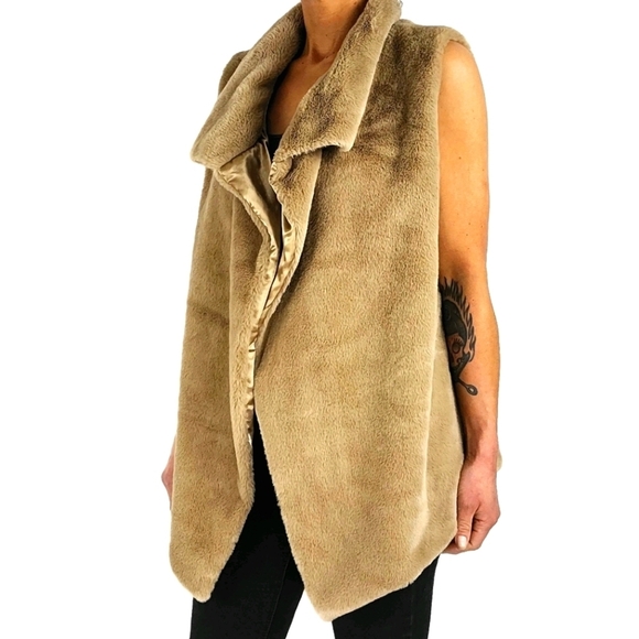 Philosophy Faux Fur Vest Cardigan Jacket Size Large Brown Satin Tan - Picture 7 of 8